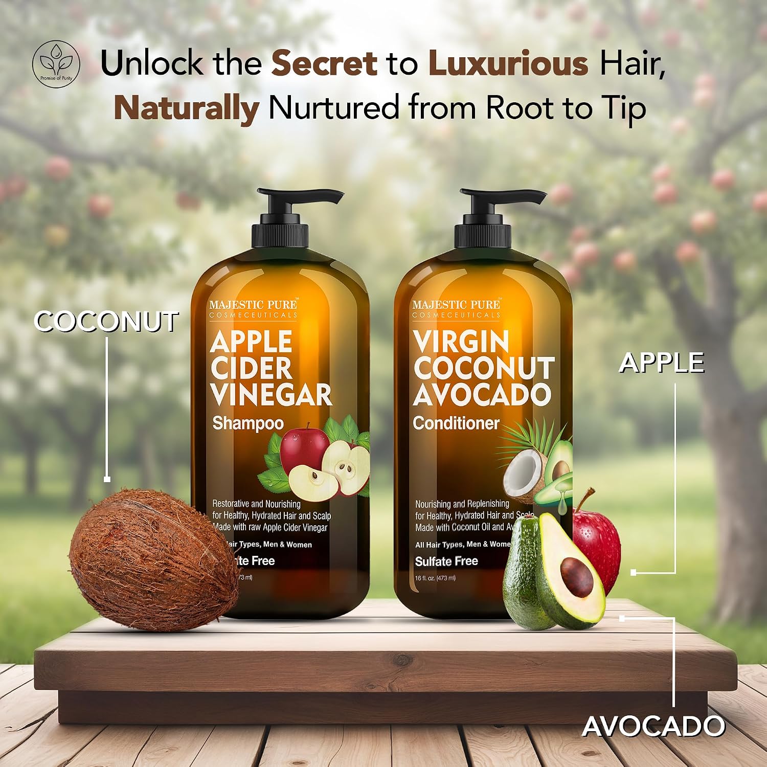 Detalle de Majestic Pure Apple Cider Vinegar Shampoo & Avocado Coconut Conditioner Set (Sulfate-Free) – 2 x 16 fl oz