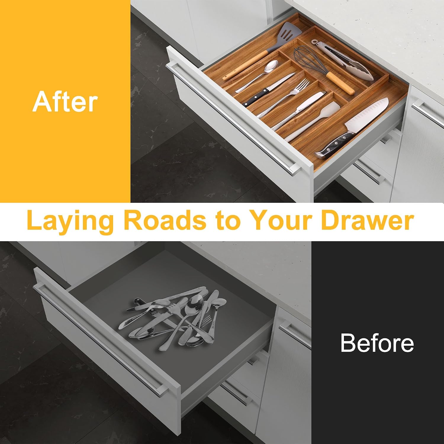 Thumbnail 3 de Oridom Large Premium Acacia Silverware Organizer: Expandable 7–9 Compartments