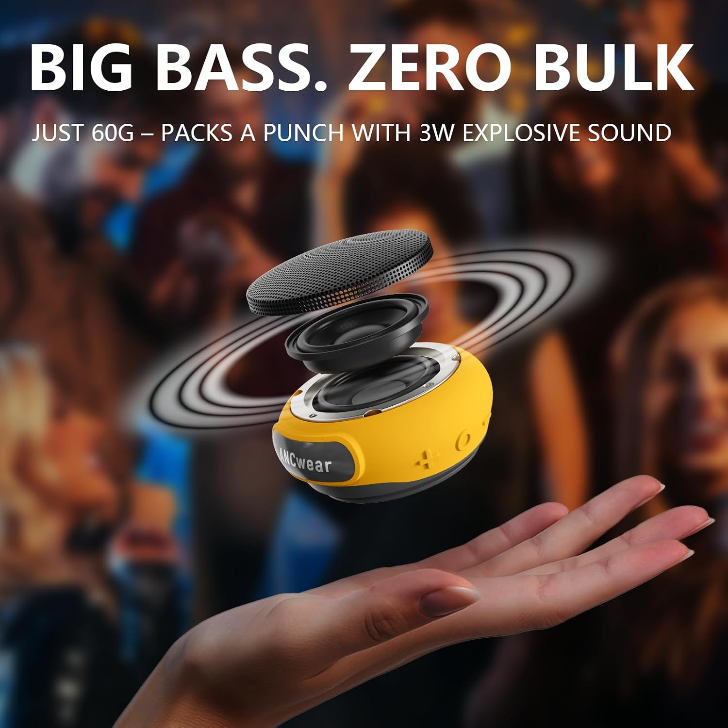 Detalle 2 de ANCwear Wearable Bluetooth Speaker with Clip (Yellow) — IPX6, 3W, 9.5h Playtime