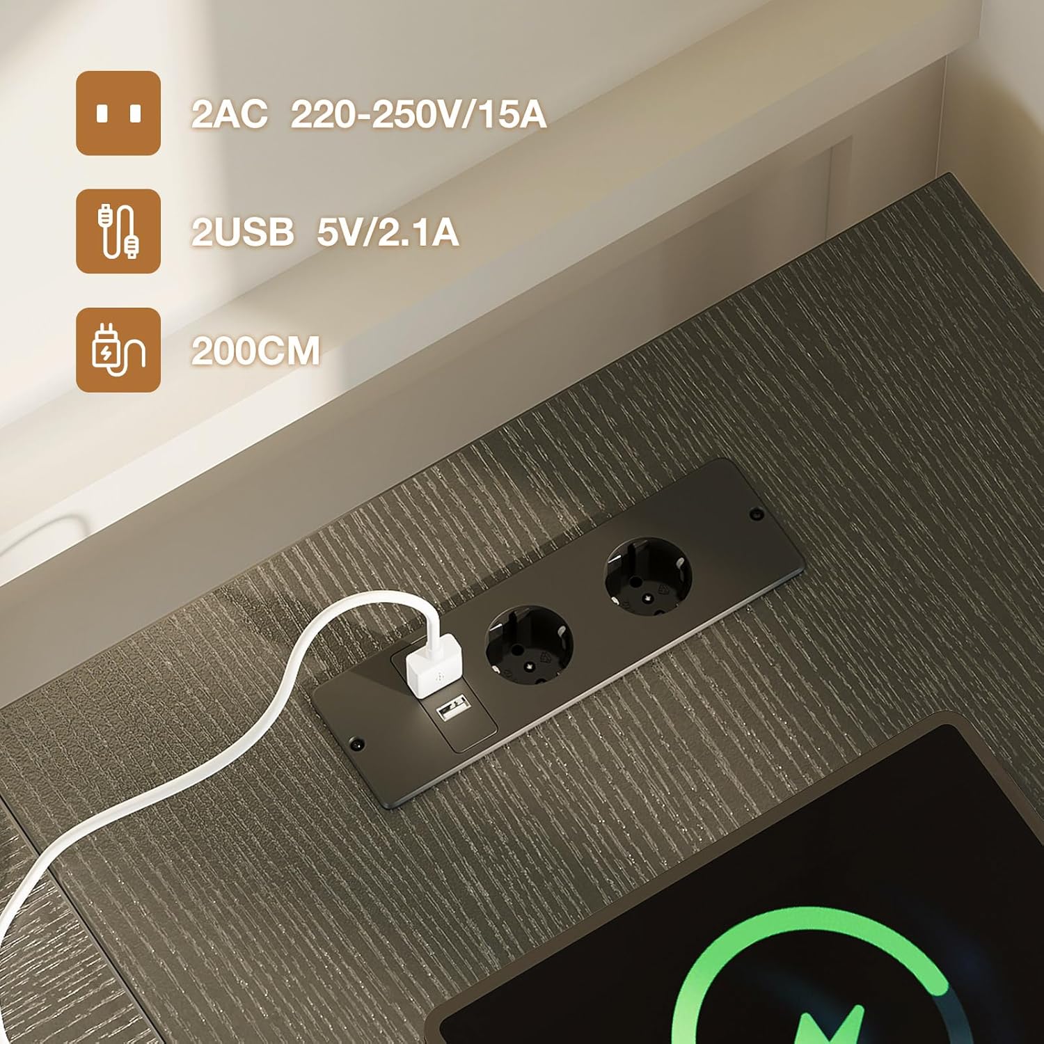 Detalle de ODK Eckschreibtisch mit 4 Schubladen – L-Form 135×100 cm, integrierte Steckdose & USB-Ladeanschluss, reversibel, Schwarz