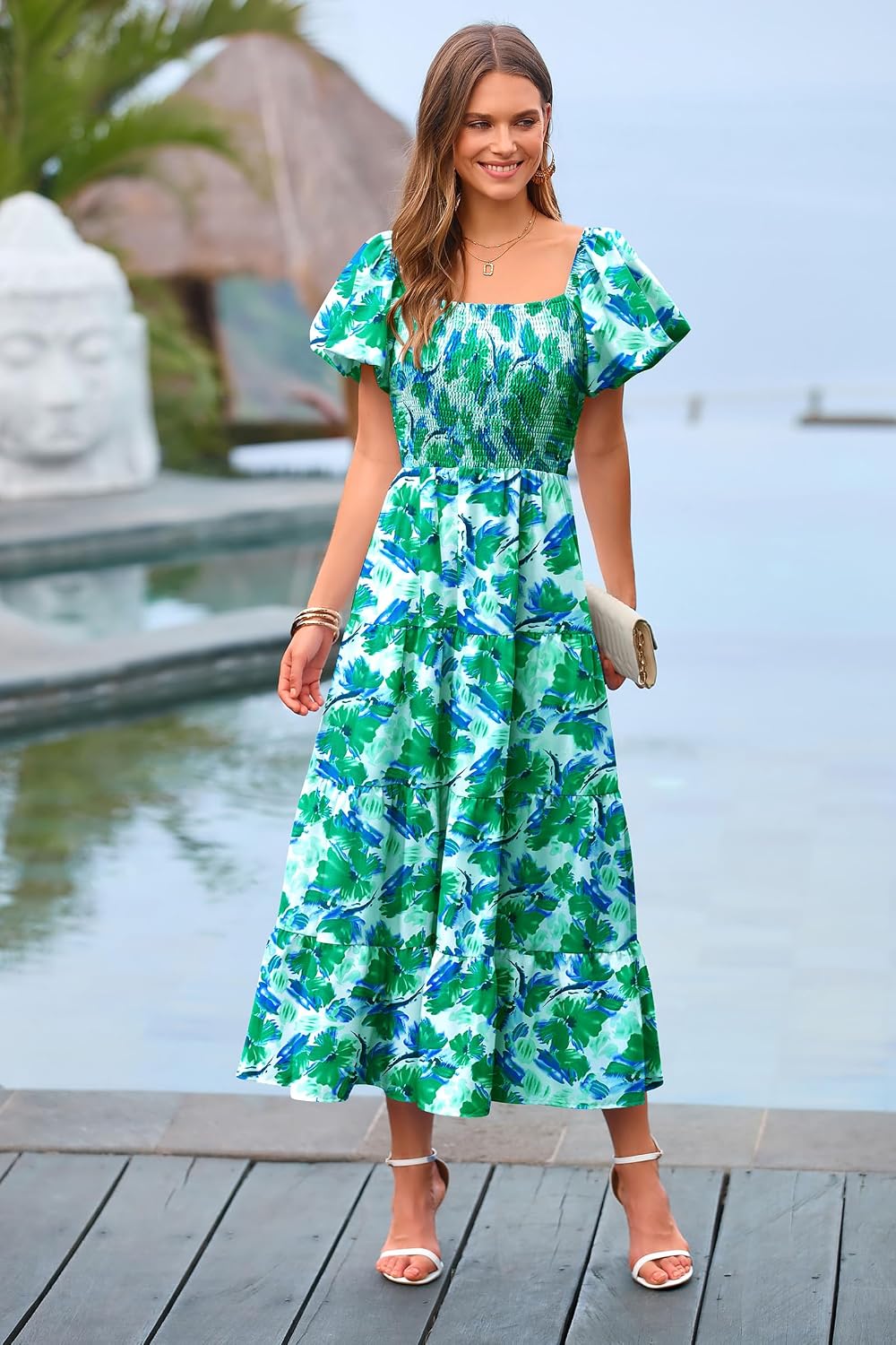Detalle de PRETTYGARDEN Women’s Casual Summer Midi Dress with Smocked Bodice, Tiered Ruffles & Square Neck