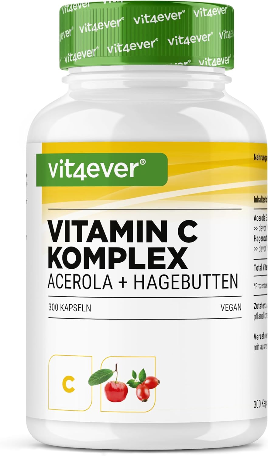Detalle de vit4ever Natürlicher Vitamin C Komplex mit Acerola- & Hagebutten-Extrakt – 300 Kapseln (5 Monatsvorrat)