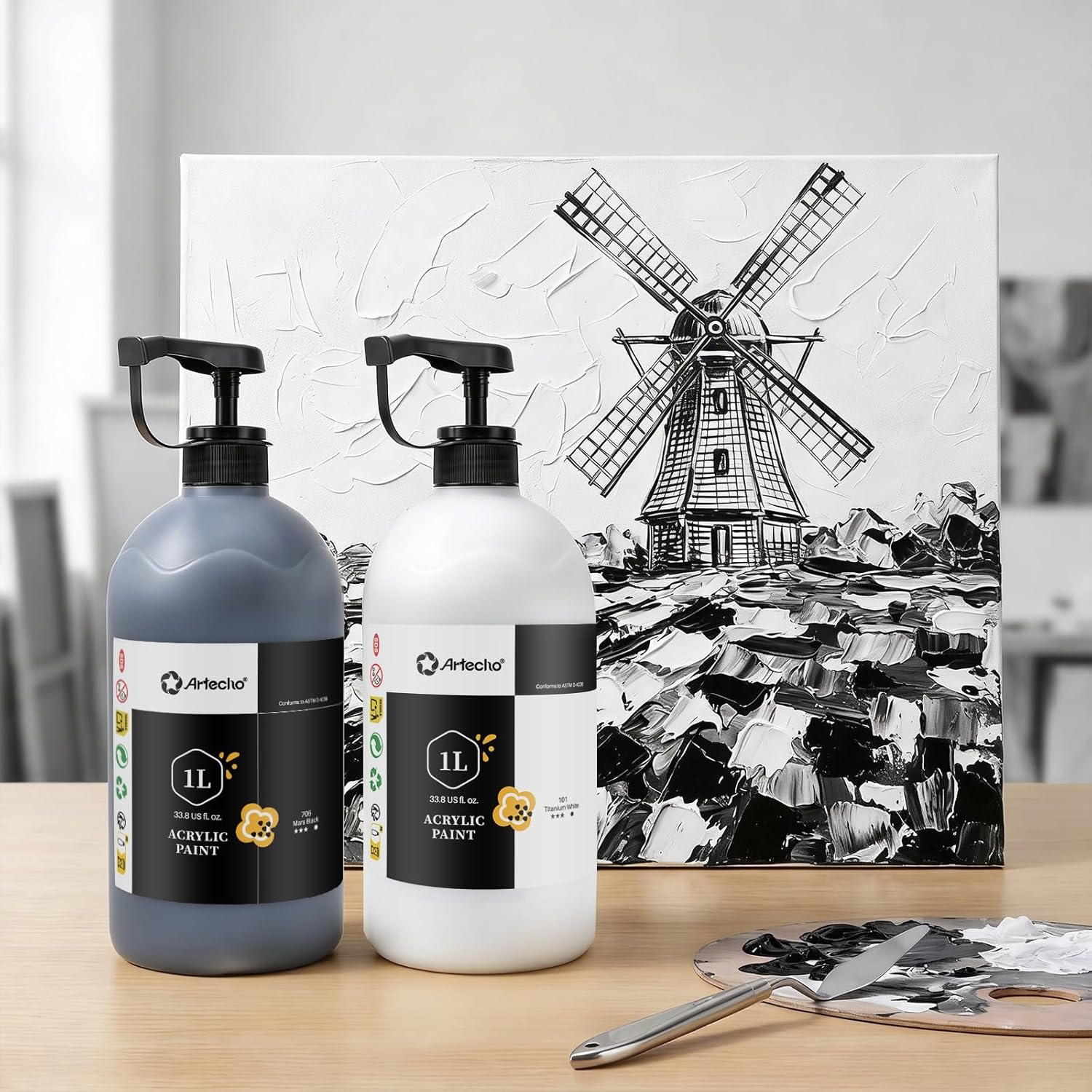 Detalle de Artecho White & Black Acrylic Paint – Large 1000ml Bottle