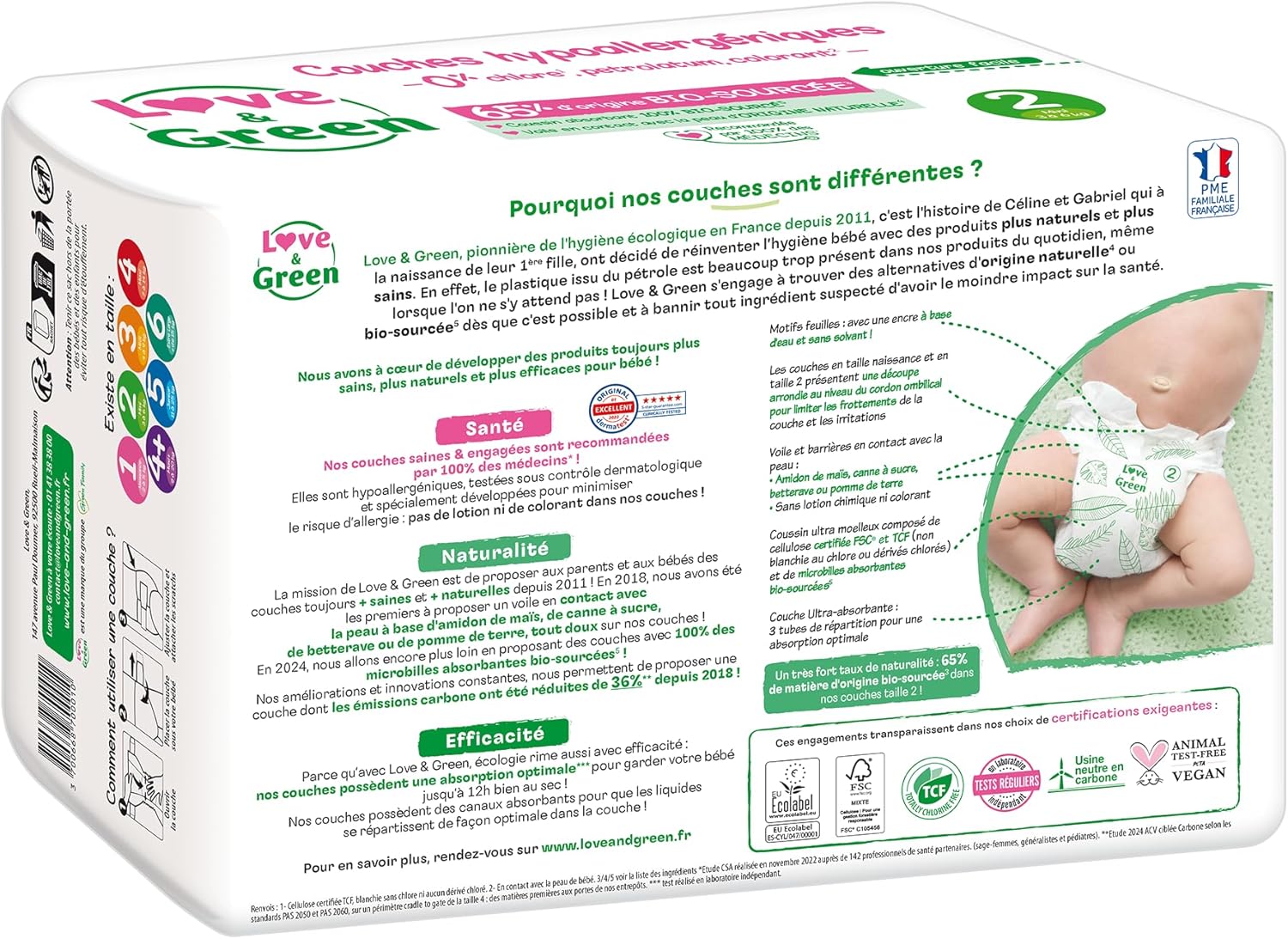 Thumbnail 2 de Love & Green Couches bébé taille 2 (3-6 kg) – Pack 1 mois de 216 couches, absorbantes et écologiques