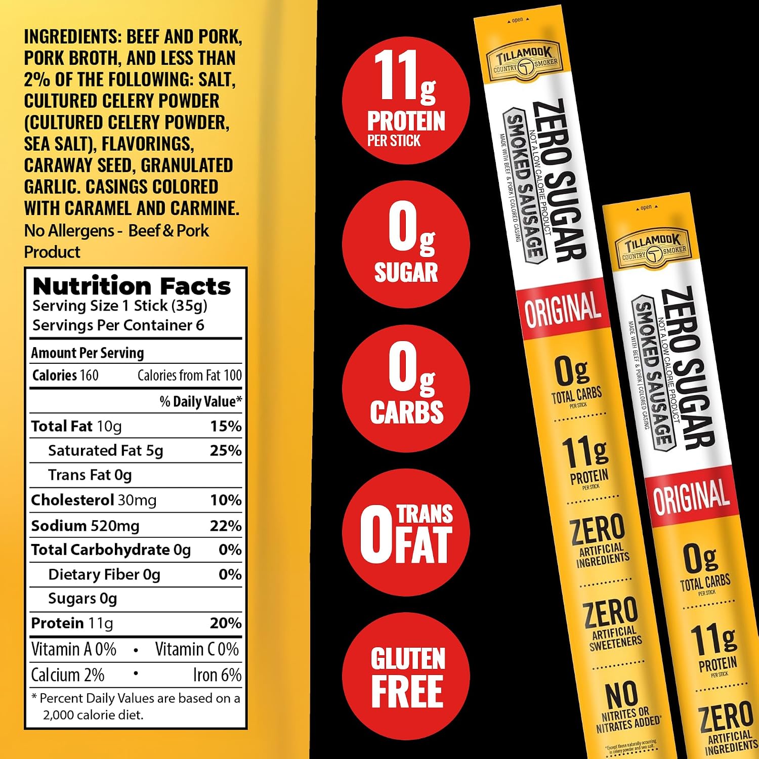 Detalle de Tillamook Country Smoker Zero Sugar Beef & Pork Sticks, 18 Ct, 3 Flavors