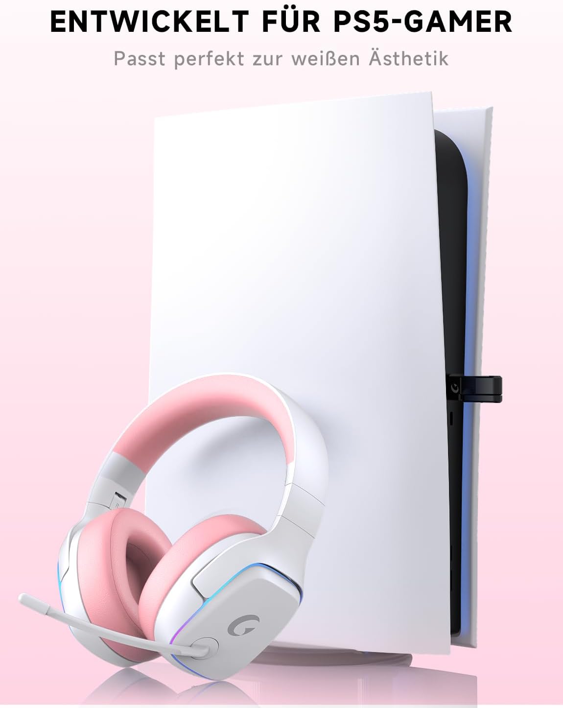Detalle 2 de Gvyugke Kabelloses Gaming Headset – Rosa, 7.1 Surround, 70 Std. Akku, 2,4 GHz/Bluetooth 5.3, 3,5 mm, PS5/PS4/PC/Switch/Mac