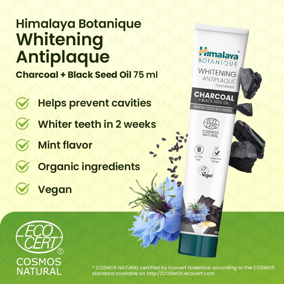 Detalle de Dentifrice Himalaya Botanique Charbon + Huile de Graines Noires – Cosmos Natural, 75 ml, sans fluorure