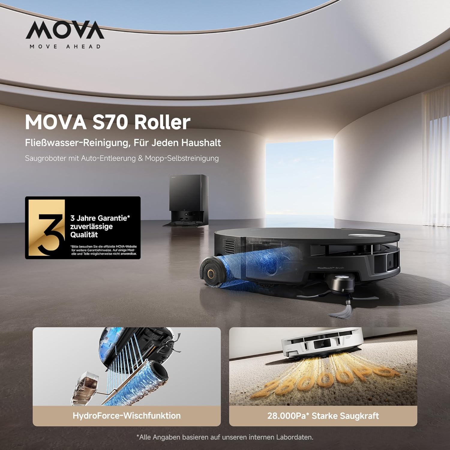 Thumbnail 1 de Mova S70 Roller: Saug- und Wischroboter mit Frischwasser-Wischen, 28.000 Pa, Hindernisvermeidung per dToF+Linienlaser