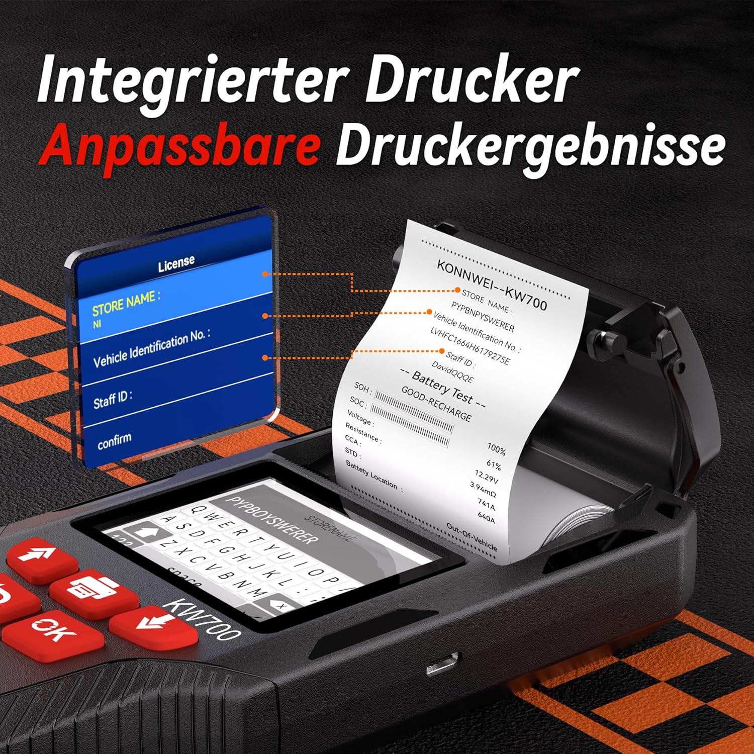 Detalle de KONNWEI KW700 Autobatterietester mit Drucker für 12 V/24 V (Anlass- und Ladetest, 10–2000 CCA)