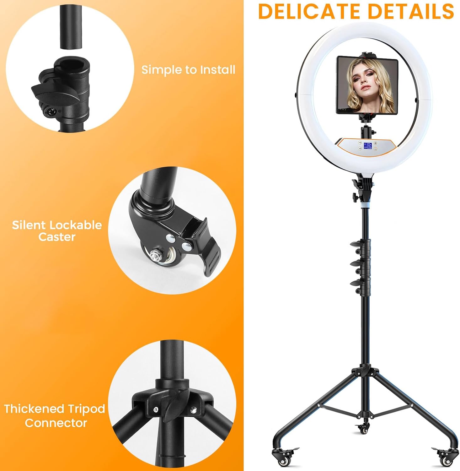 Thumbnail 3 de Auriani 22-Inch Foldable Ring Light with Stand, 75-Inch Tripod, Lockable Wheels, and LED Display