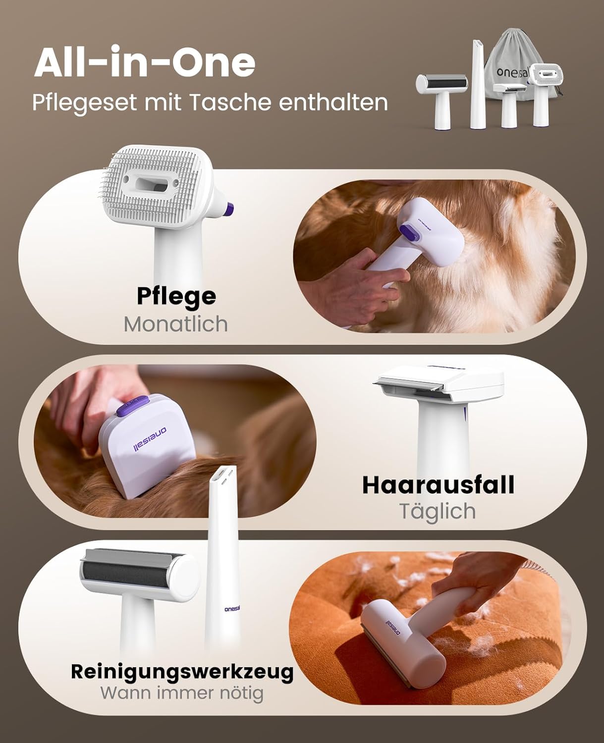 Thumbnail 1 de oneisall Hundestaubsauger mit Bürste (12000 Pa) und 4 Pflegewerkzeugen für Tierhaare