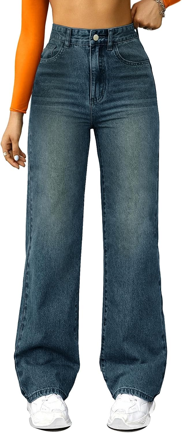 Detalle de FUNUCA Straight Leg Jeans for Women, High-Rise Wide-Leg Stretch Denim