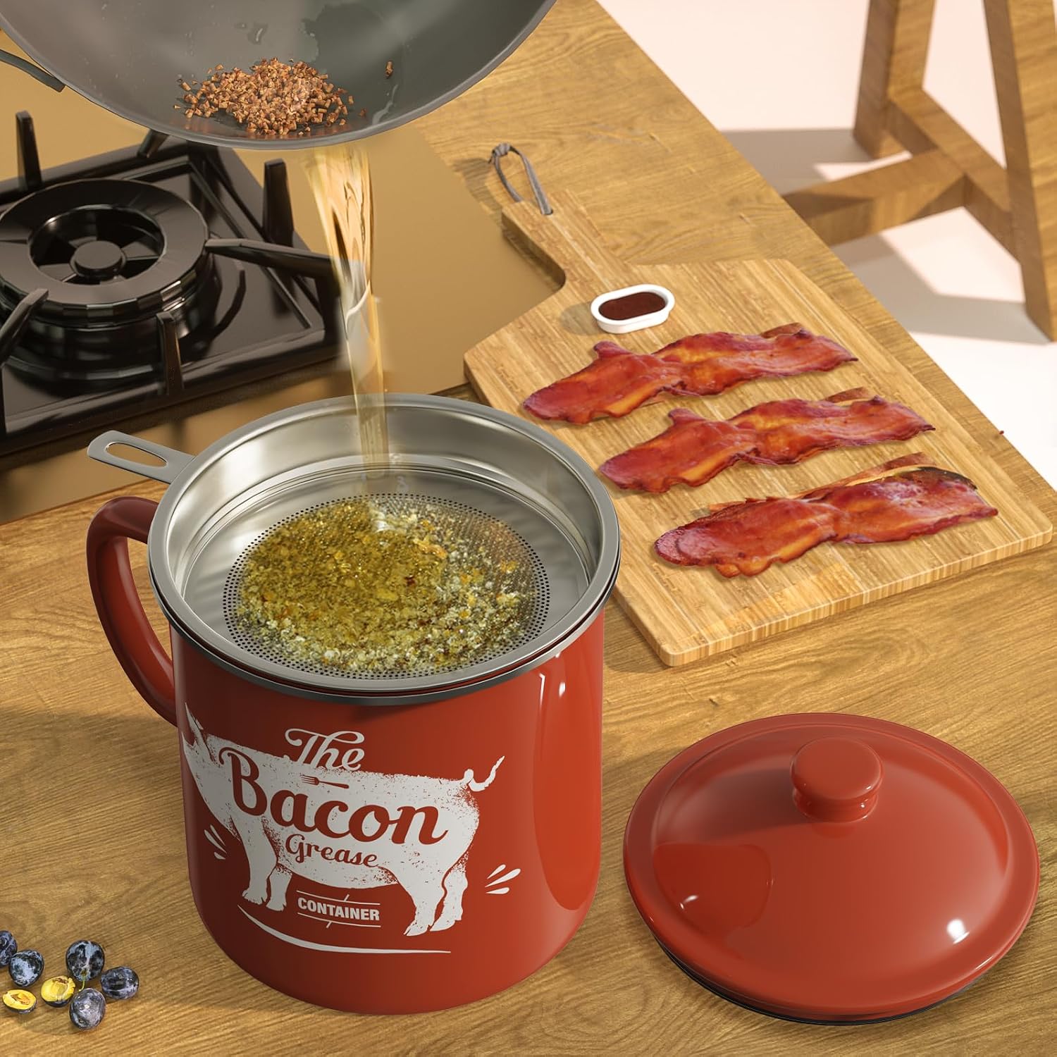 Detalle de Bacon Grease Container With Strainer (46OZ Large Enamel Grease Container) + Silicone Spatula