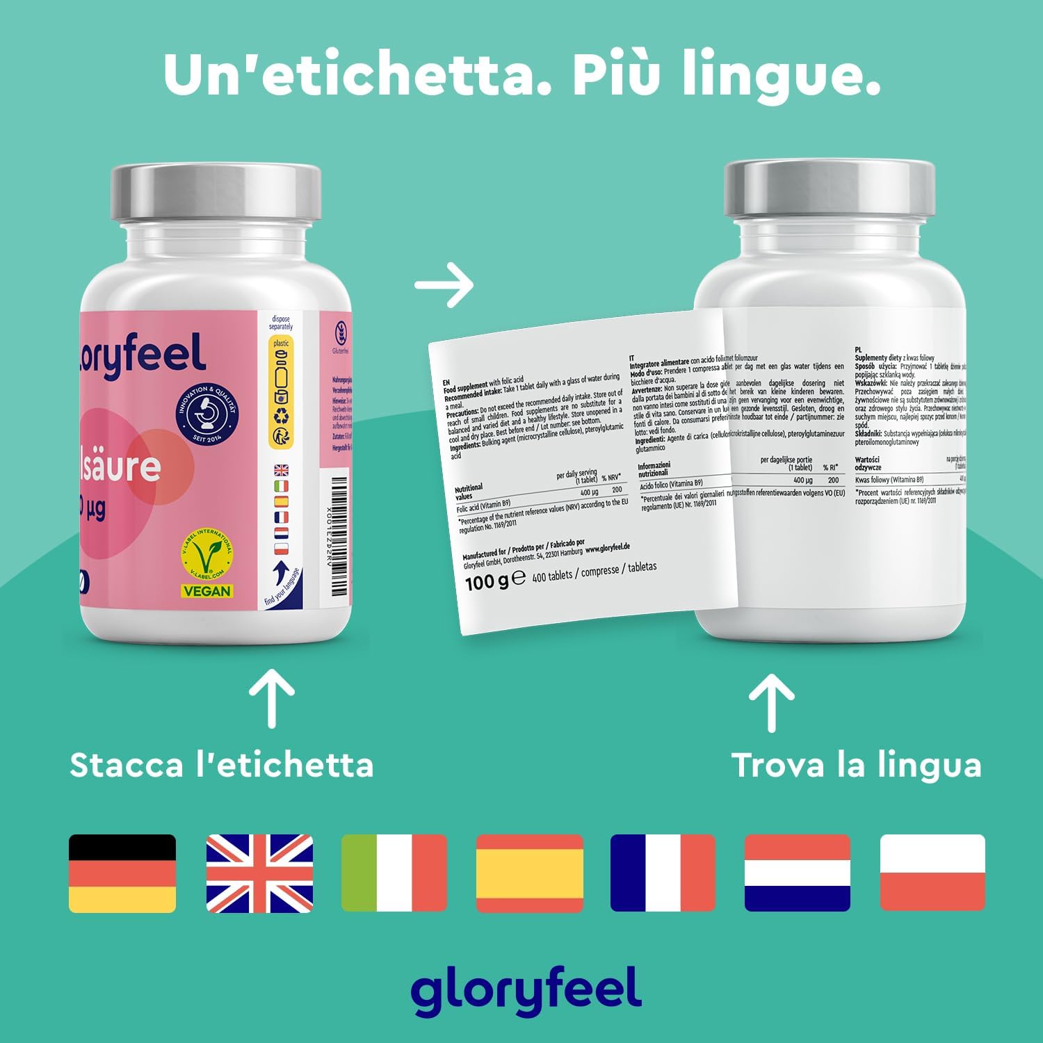 Detalle de Acido folico 400 µg compresse (vitamina B9) per il 1° trimestre: 400 compresse, 100% vegan