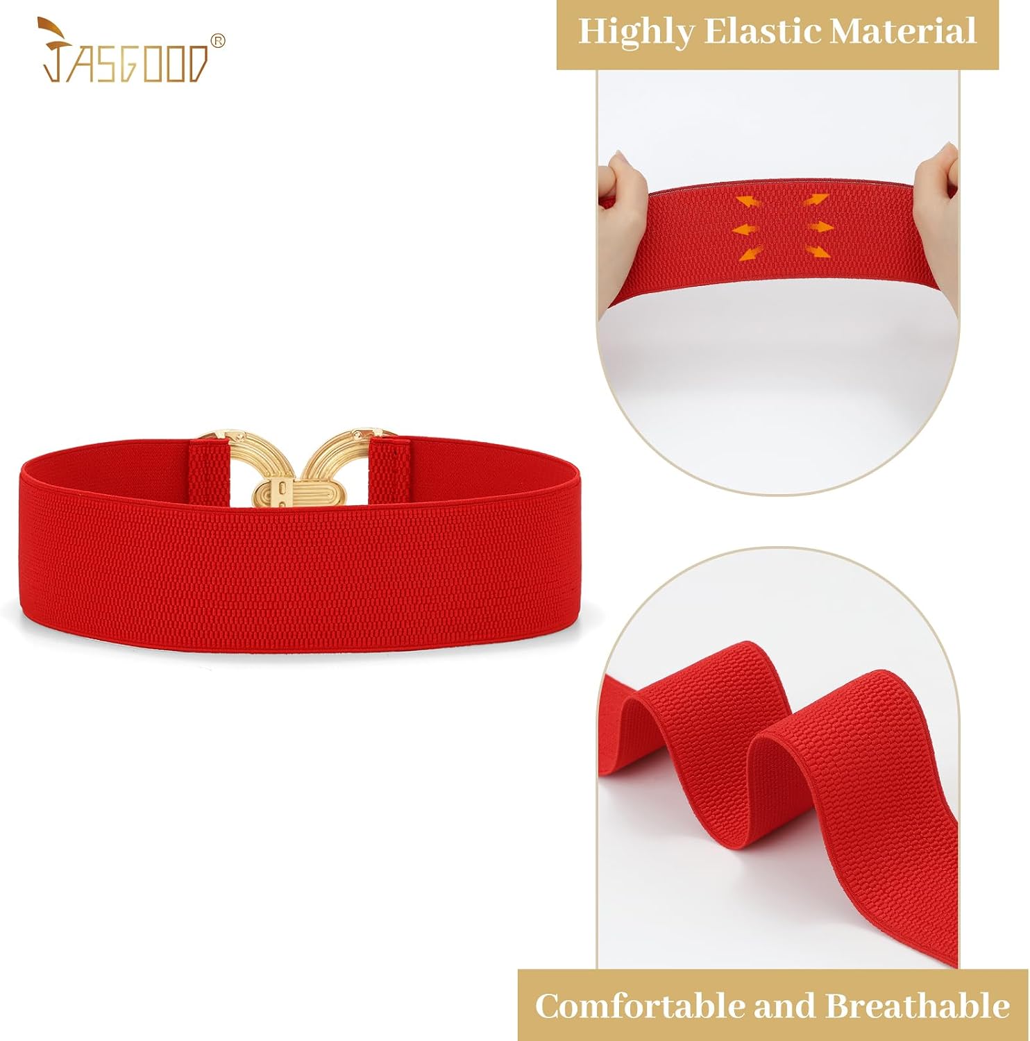 Detalle de JasGood women’s wide elastic belt with gold buckle for dresses and waists