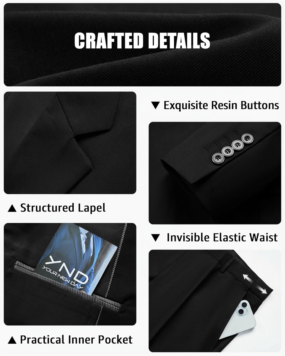 Thumbnail 3 de YND Men's 3 Piece Suit Set with Tie — Slim Fit 2-Button Blazer, Vest, and Pants in 29 Colors