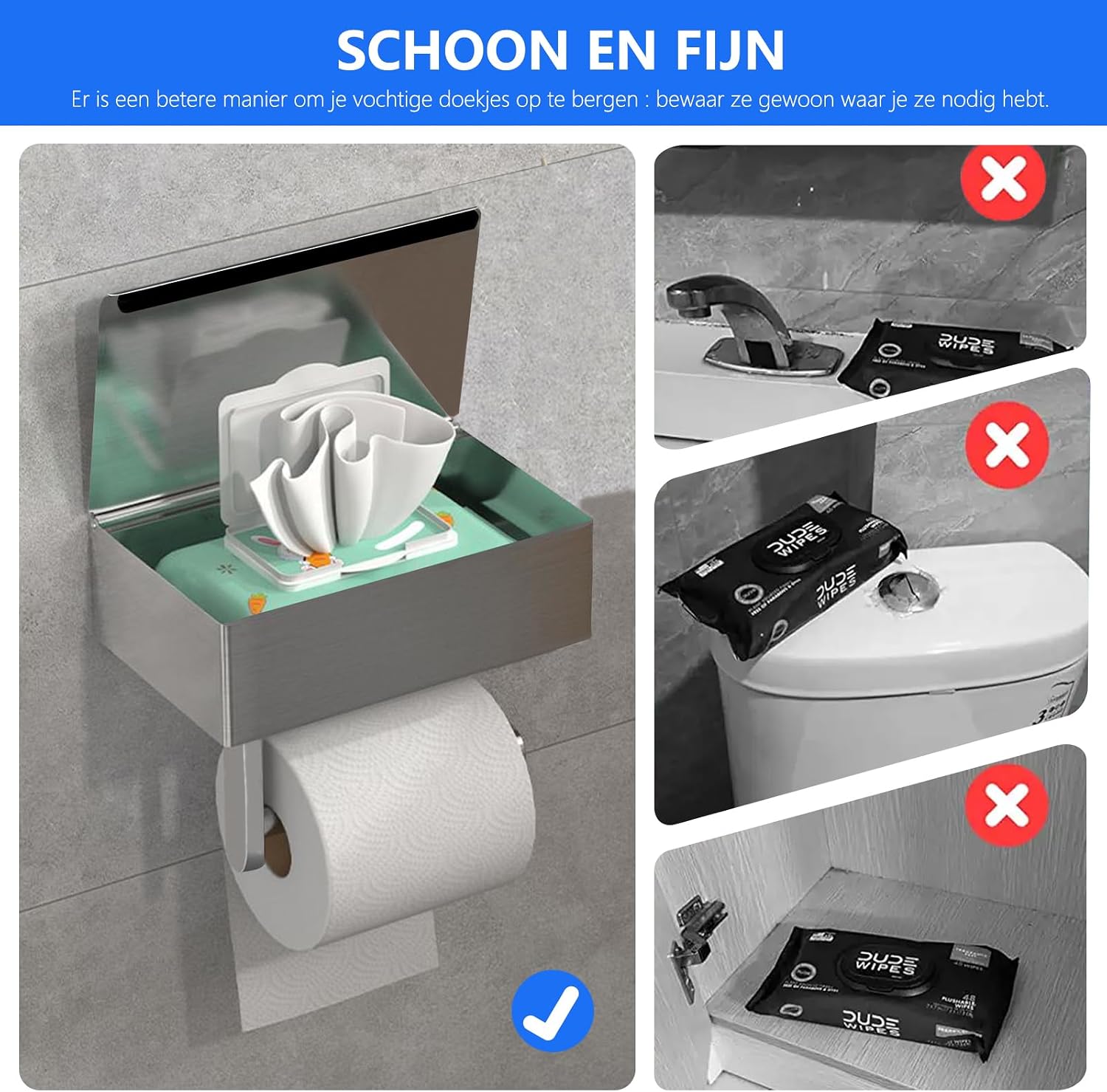 Detalle 1 de GUIGUZI GGZ-SUS304-Y toiletrolhouder met vochtige doekjesbox, zilverkleurig