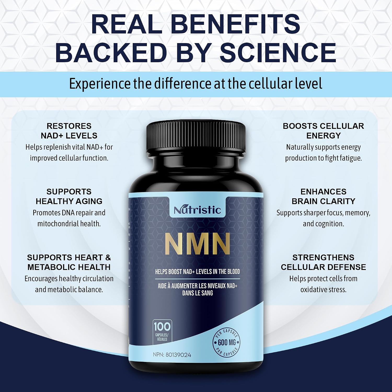 Detalle de Nutristic NMN Capsules, 600 mg per Capsule, 100 Count, 99%+ Purity