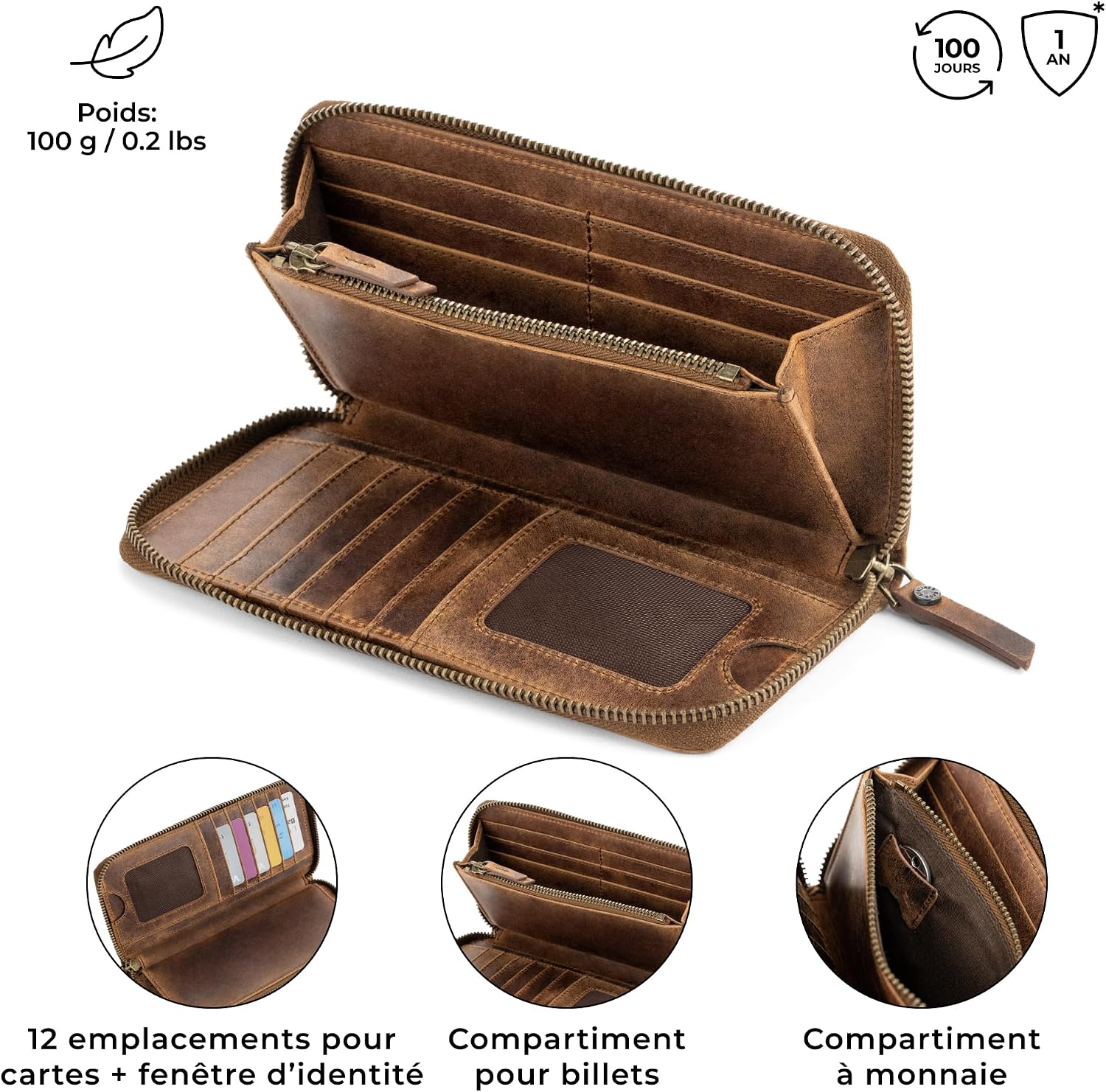 Detalle de Berliner Bags Margo Grand Portefeuille en Cuir avec RFID – Marron, 12 emplacements et fermeture YKK
