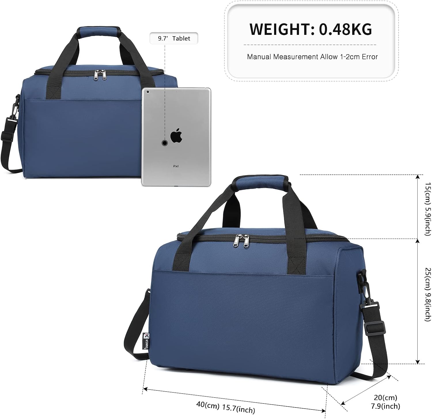 Detalle de Kono 40x20x25 Under-Seat Cabin Holdall, 20L Navy Oxford Cloth