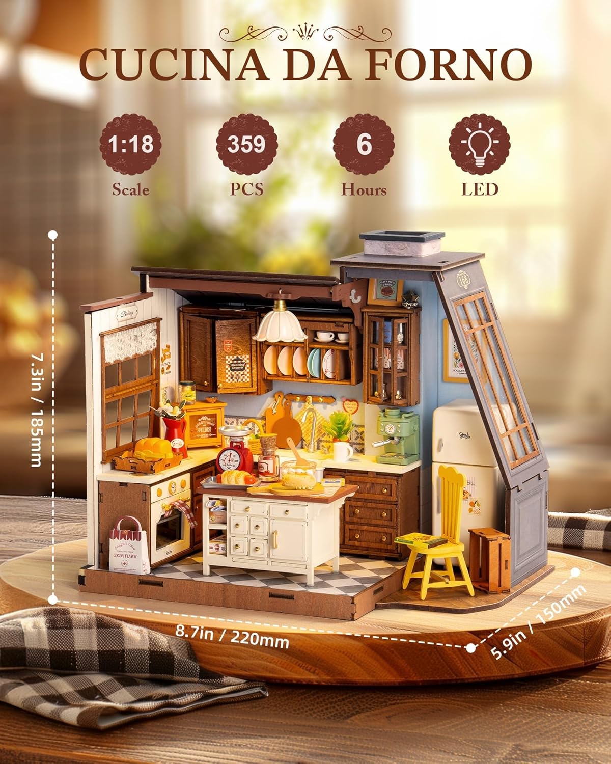 Detalle de Rolife Casa delle Bambole Cucina da Forno – kit fai-da-te con angolo libreria e illuminazione
