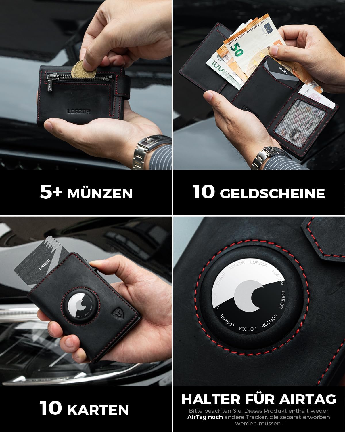 Thumbnail 4 de LORZOR® Design für Airtag Wallet, Slim Wallet mit Münzfach, Geldbörse Herren echtem Leder, RFID Blocker Portemonnaie, Portmonee Herren kartenetui Platz für 10 Karten, Geldbeutel (Schwarz rot)
LORZOR® Design für Airtag Wallet, Slim Wallet mit M…