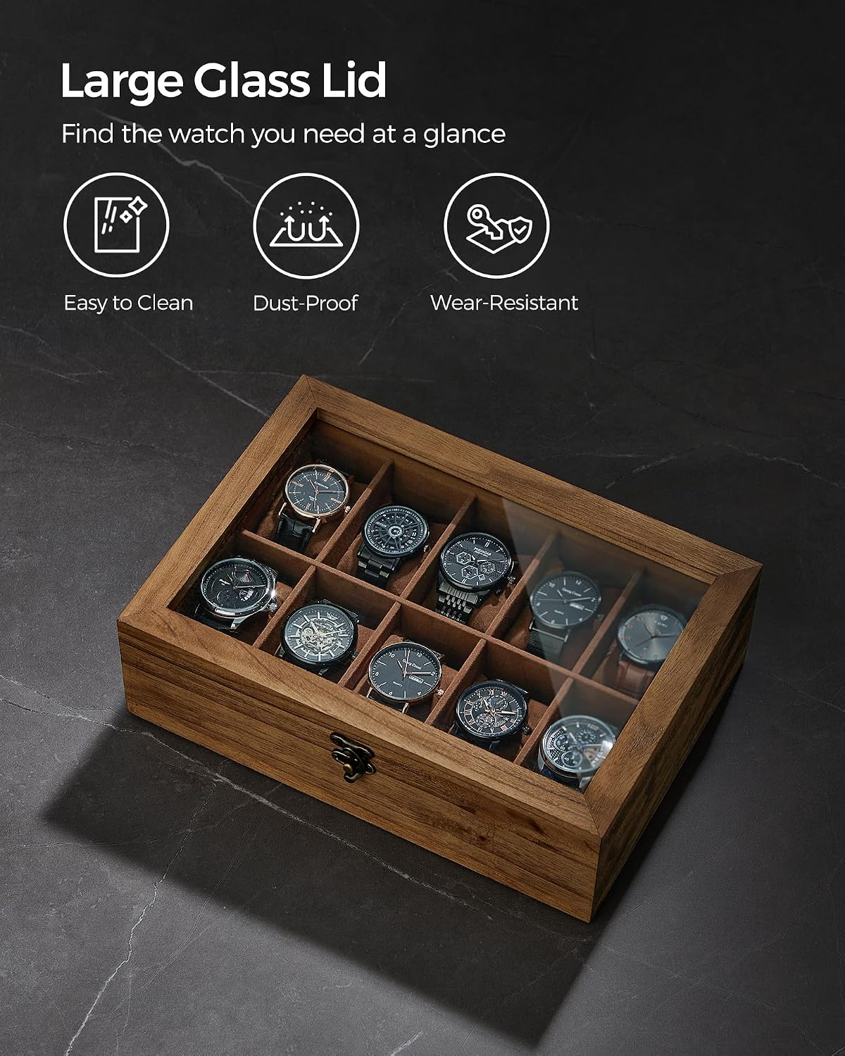 Thumbnail 6 de SONGMICS JOW100K01 10-slot solid wood watch box with large glass lid