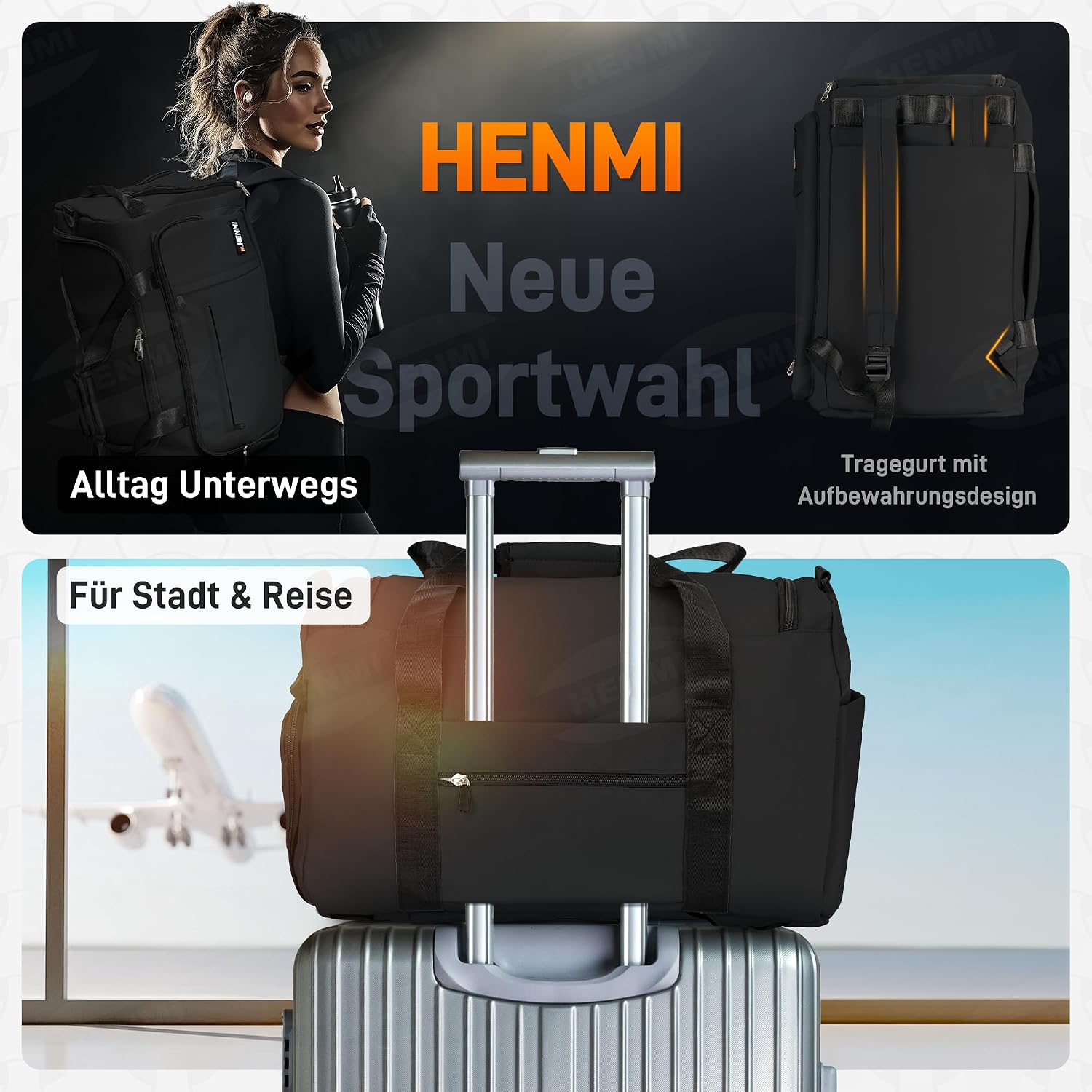 Thumbnail 4 de HENMI Sporttasche 43L Groß Schuhfach Nassfach Schwarz
