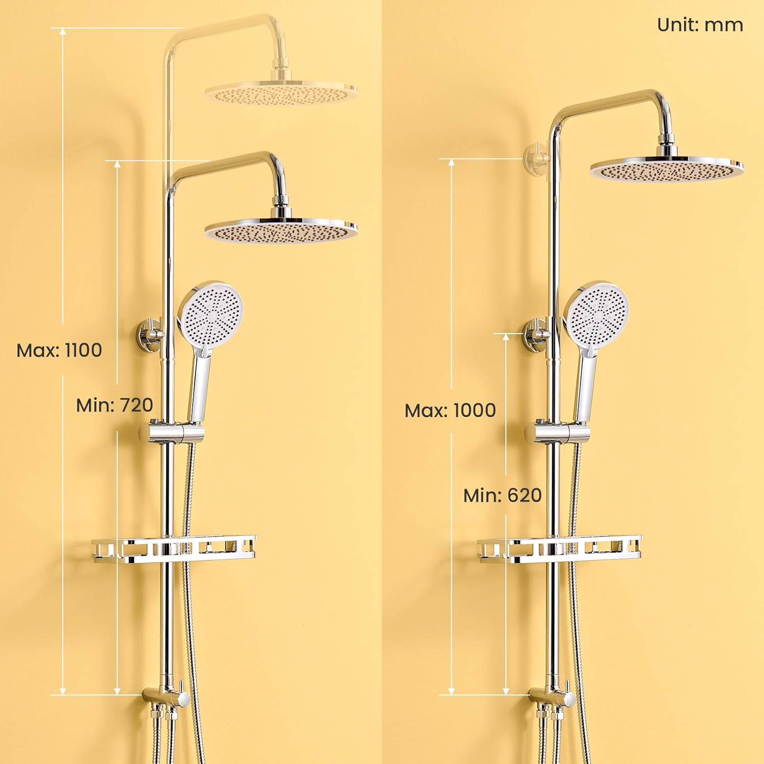 Thumbnail 2 de AuraLum Auralum Regendusche ohne Armatur – Edelstahl-Duschsystem mit Ø250-mm-Überkopfbrause, Messing-Wasserteiler und Bohrfrei-Regal (Chrom)