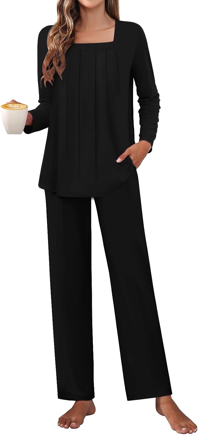 Detalle de Tencede Women's Two-Piece Pajama Set, Long Sleeves, Square Neck and Pockets