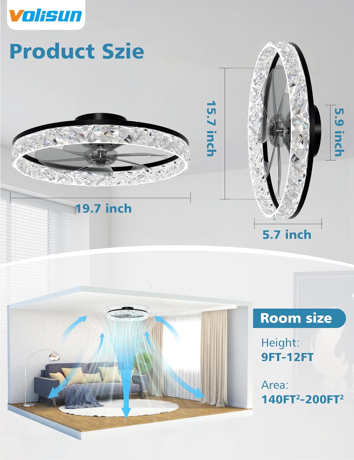 Detalle 2 de VOLISUN 8225-3K 20-inch Black Flush-Mount Ceiling Fan with Dimmable LED Light