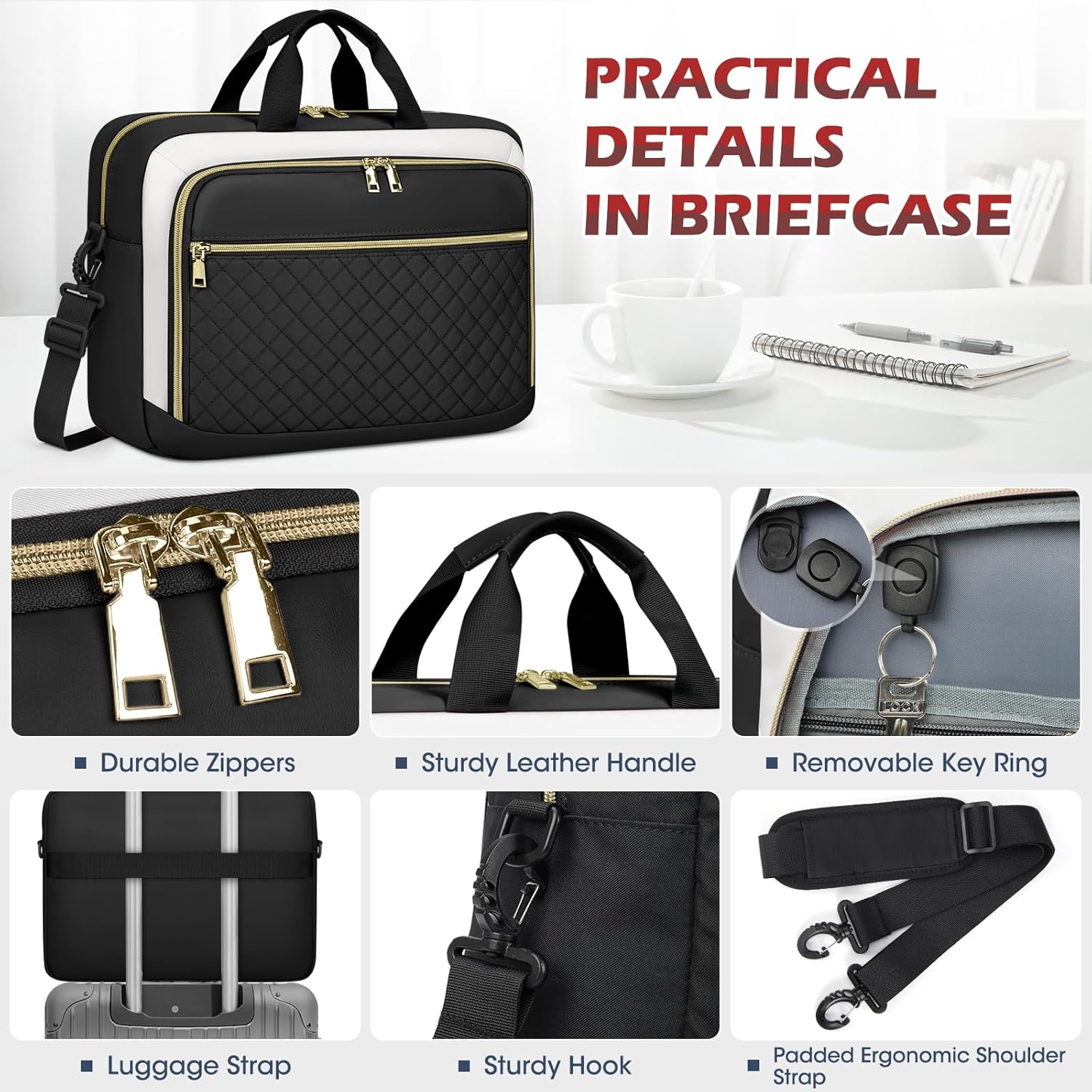 Thumbnail 4 de NEWHEY Laptop Bag Briefcase for Women – 17.3" Capacity, Black & Beige