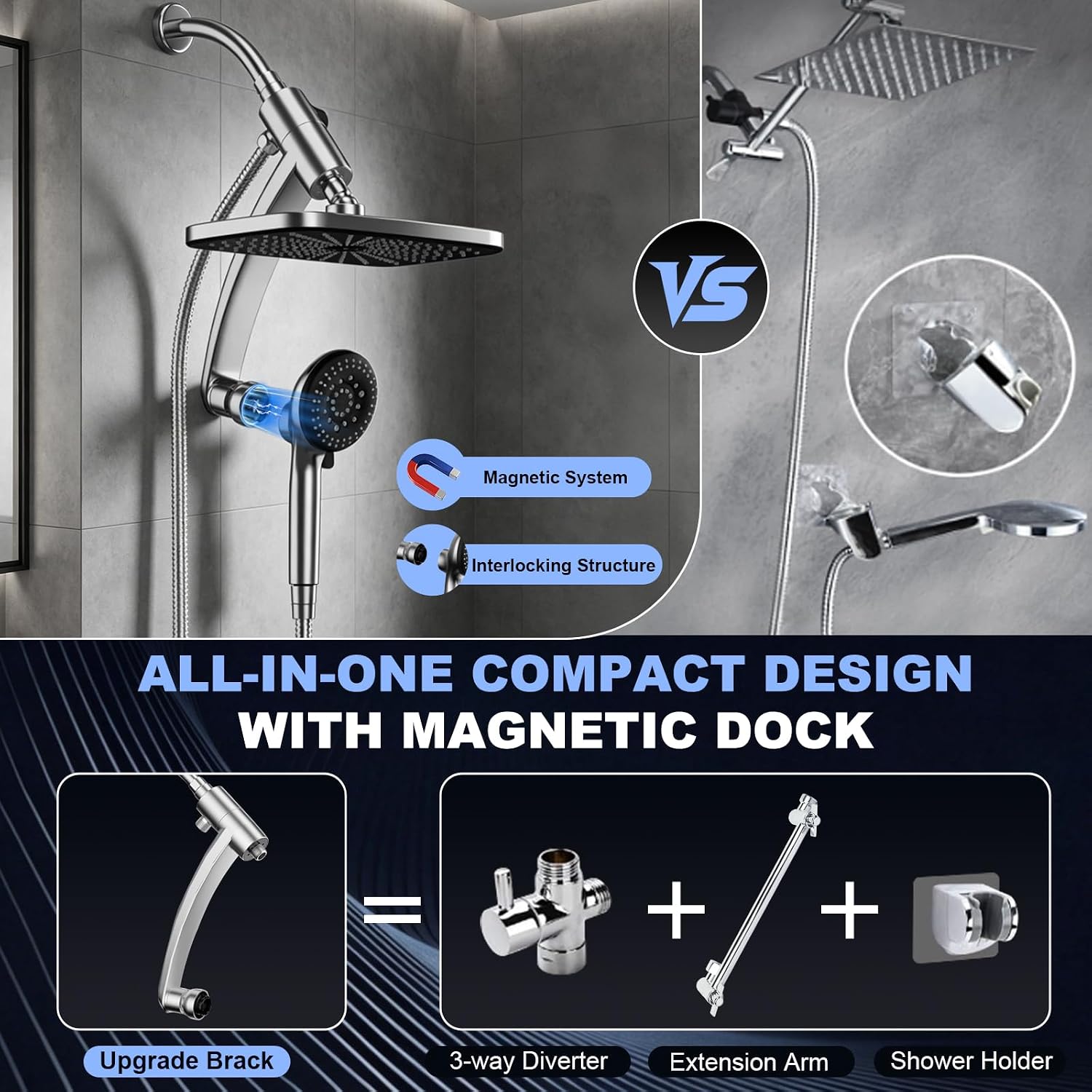 Detalle 1 de Tudoccy SHP-HS Shower Head Combo, 12-Inch Rainfall Head and 9-Setting Handheld