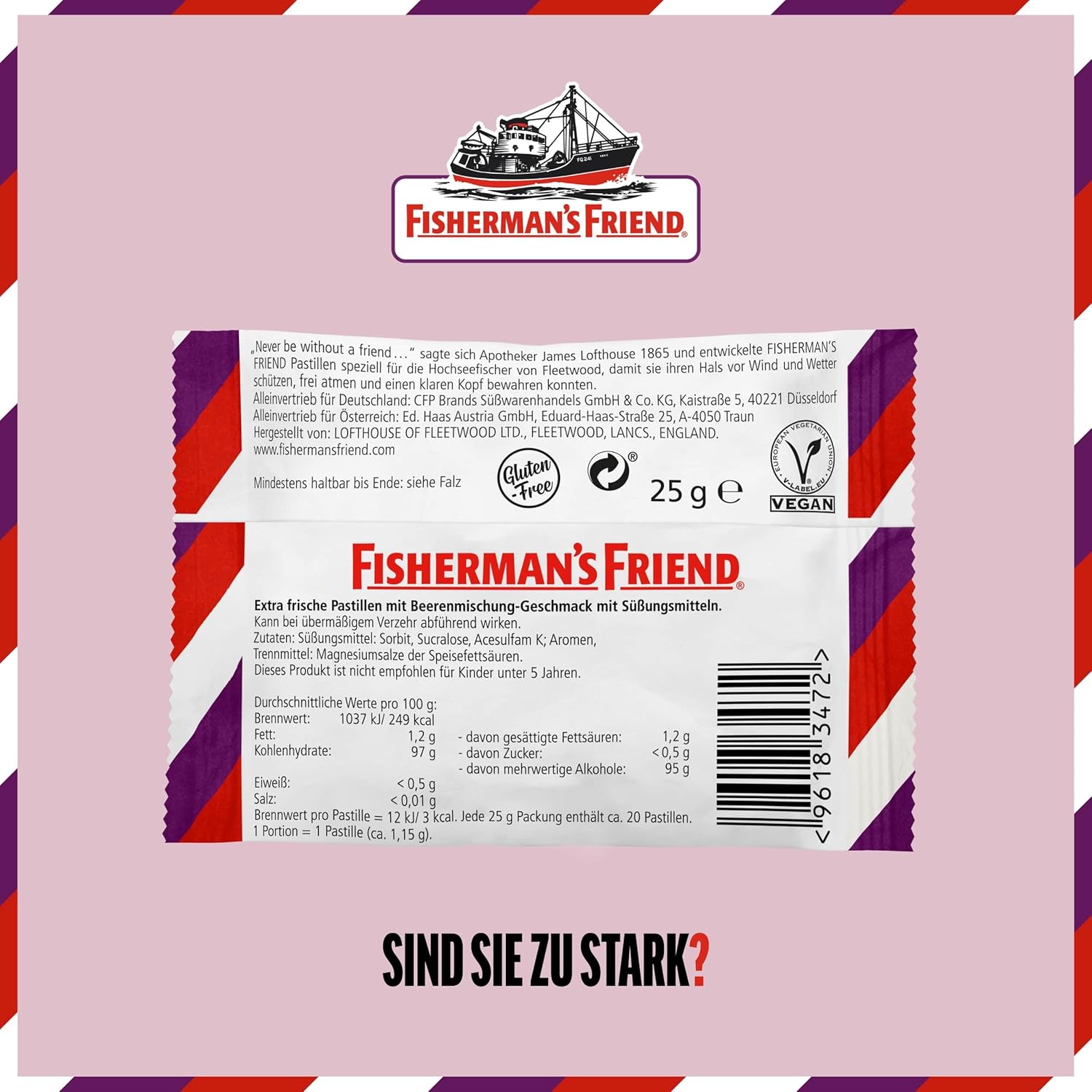 Detalle de Fisherman’s Friend Beeren Mix – 24er Vorratsbox, zuckerfrei, vegan, mit wild-fruchtigem Beerenmix