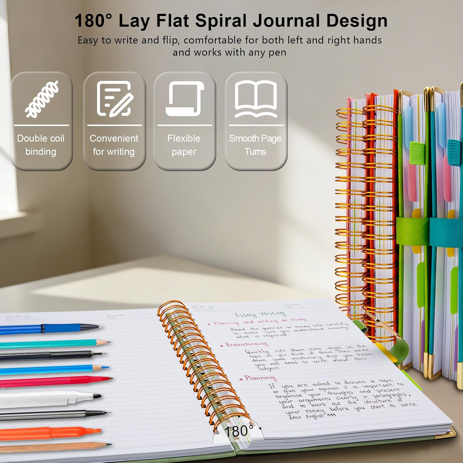 Thumbnail 3 de Veytust Hardcover Spiral Notebook, 8 x 10 in, 300 Pages, Sage Green