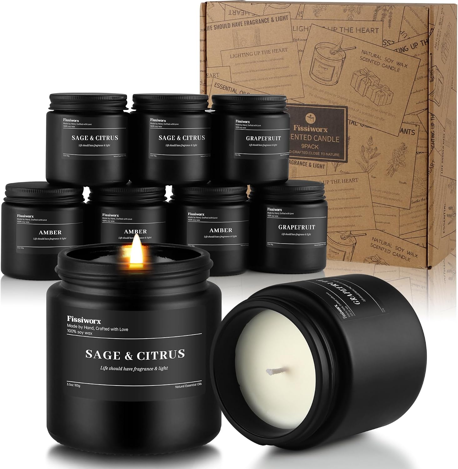 Detalle de 9 Pack Scented Candles Set for Men – Sage & Citrus, Grapefruit & Amber, Soy Wax Gift Box