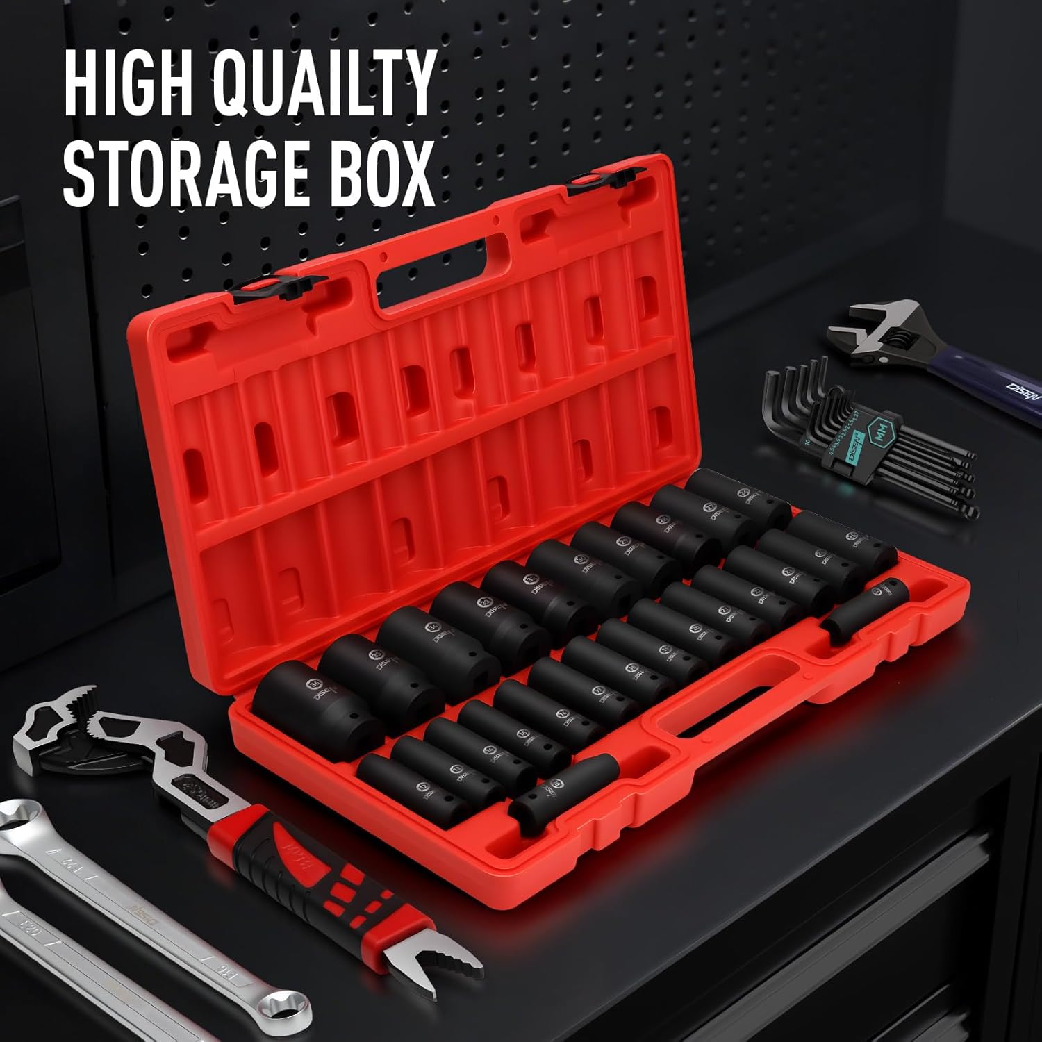 Thumbnail 4 de DISEN 26-Piece Metric 1/2-Inch Deep Impact Socket Set (Cr-V) with Storage Cage