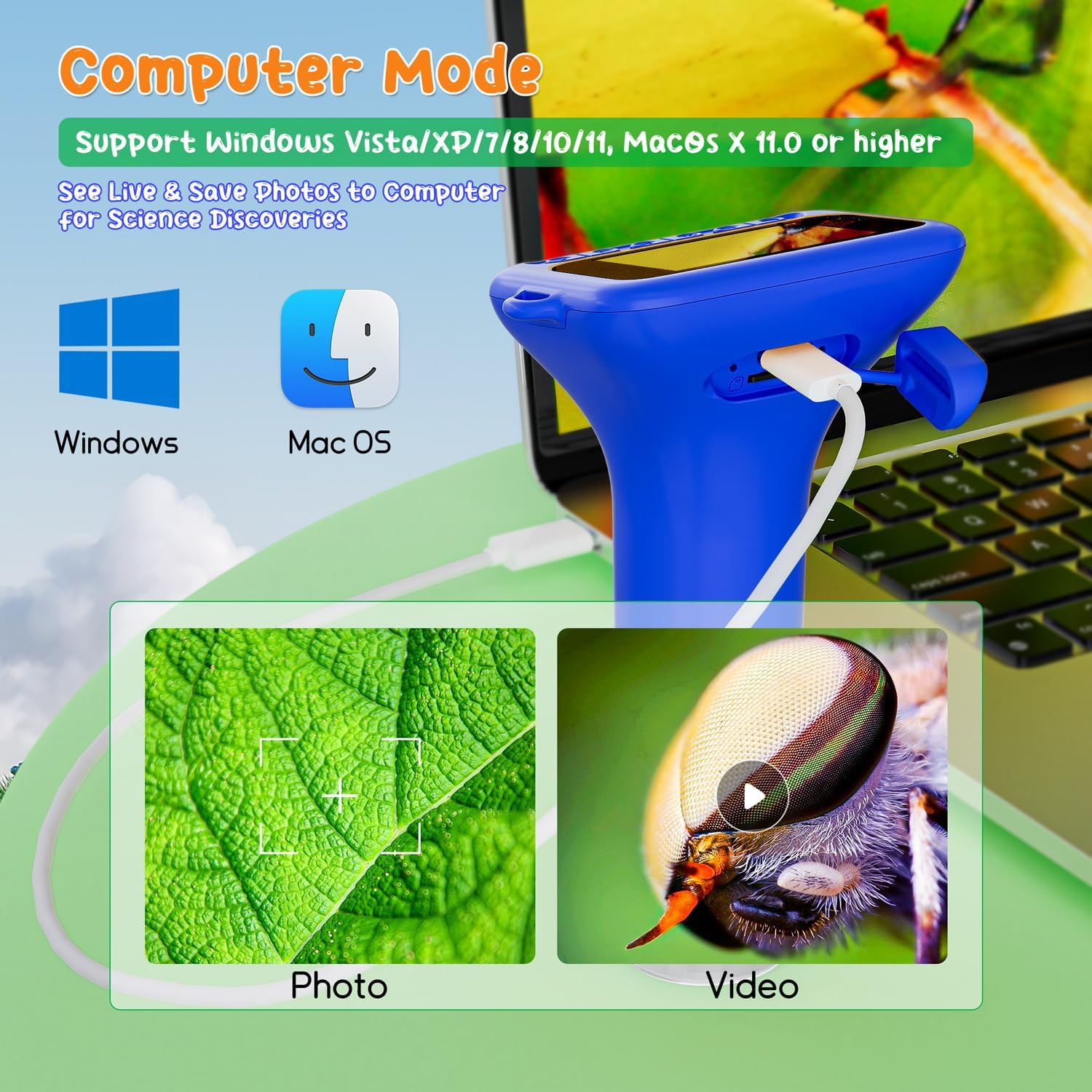 Detalle de SKYBASIC 1000x Digital Microscope for Kids — 2.0-Inch HD Screen, Portable, 117g, USB Connection (Blue)