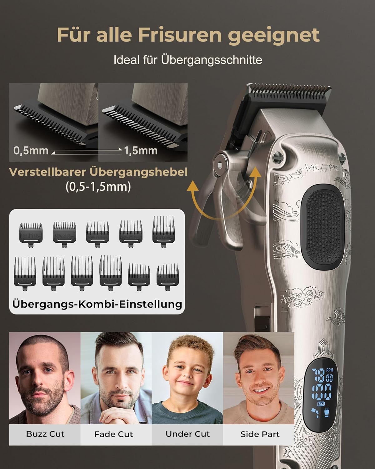 Thumbnail 2 de VGRPRO Haarschneidemaschine Herren Profi-Set (kabellos) mit Trimmer, 9 Führungskämmen & Taper/Fade-Aufsatz