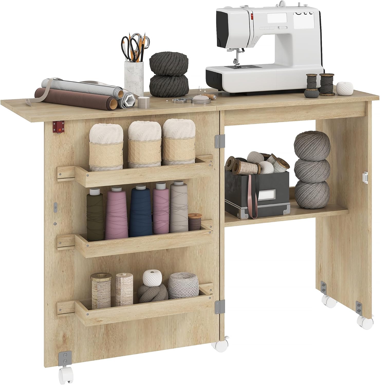 Detalle de HOMCOM L10-002V80ND opvouwbare naaitafel met klapblad en opbergruimte