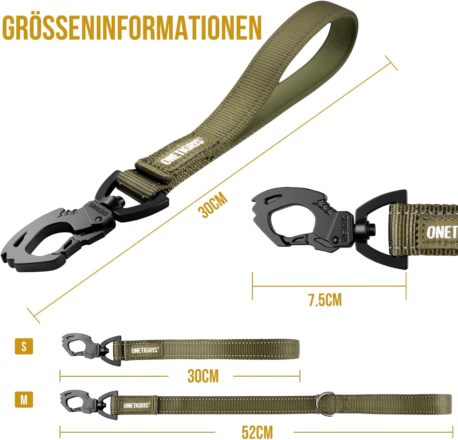Detalle de OneTigris Bolt: Guinzaglio corto da 30 cm per cani di taglia media, con clip in metallo a forma di tigre e imbottitura, riflettente, verde