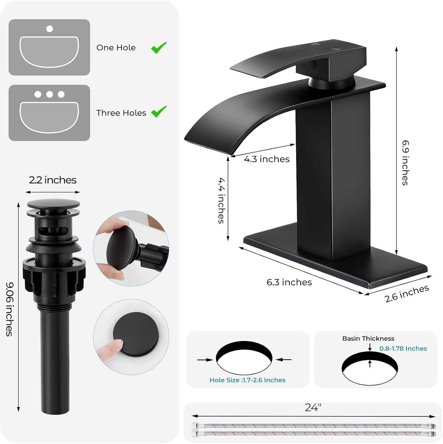 Thumbnail 4 de RNDIOZD Matte Black Waterfall Bathroom Faucet (Single-Handle) with Pop-Up Drain, Deck Plate & Hoses