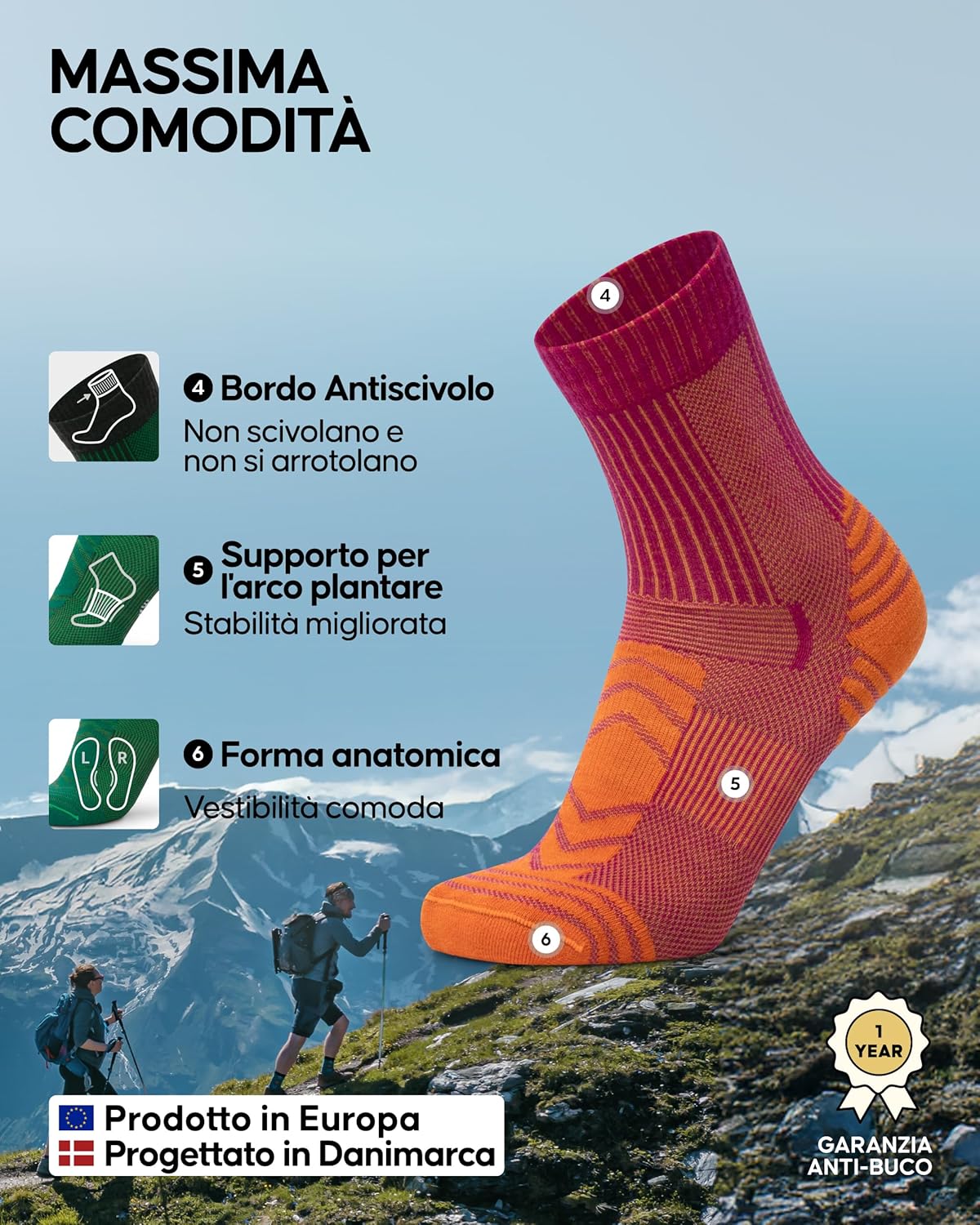 Thumbnail 2 de DANISH ENDURANCE Calze Trekking Leggere in Lana Merino – anti-vesciche, traspiranti, disponibili in 1 o 5 Paia