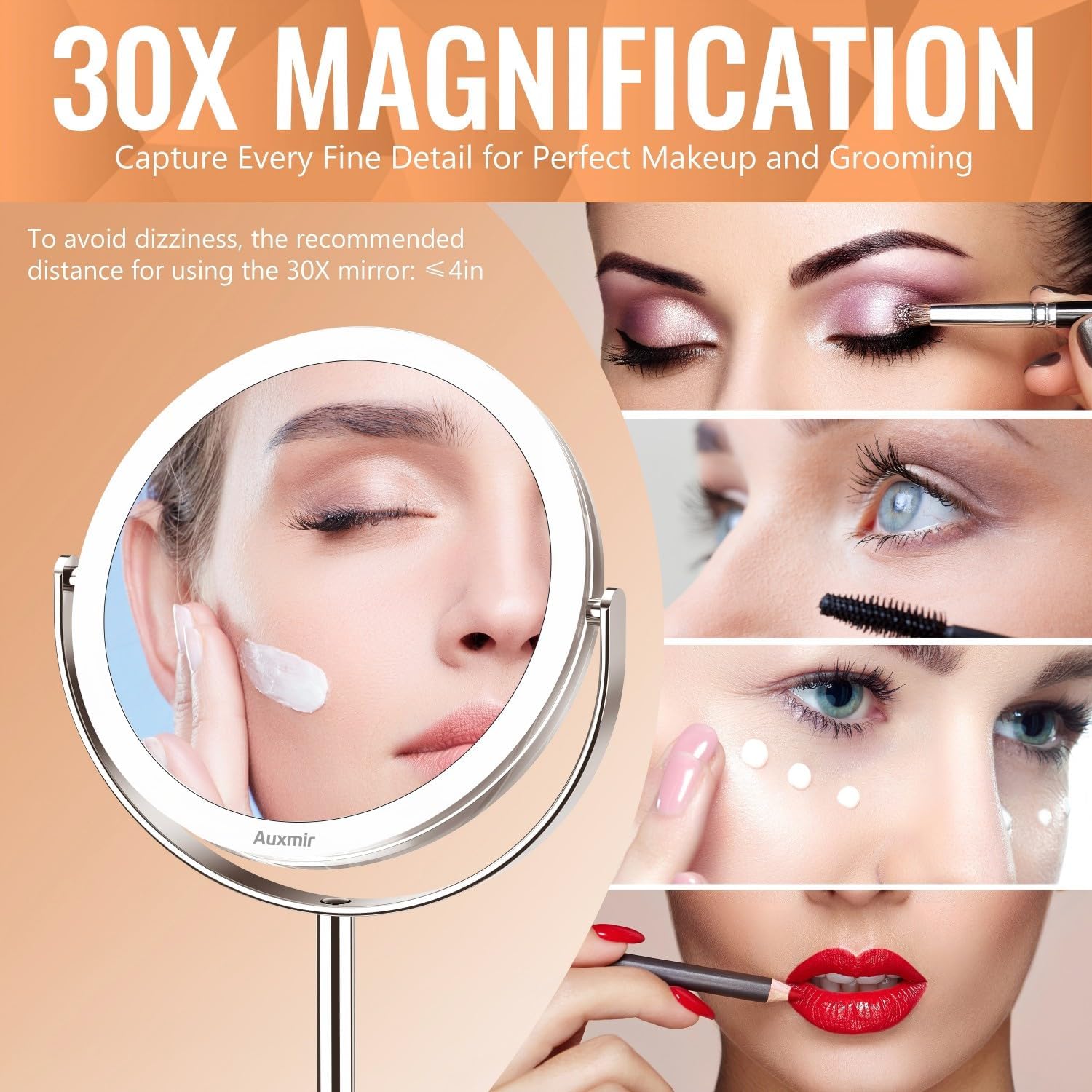 Detalle de Auxmir 30X Magnifying Mirror with Tweezers (Double-Sided 30X/1X) – 360° Swivel Vanity Mirror with Stand