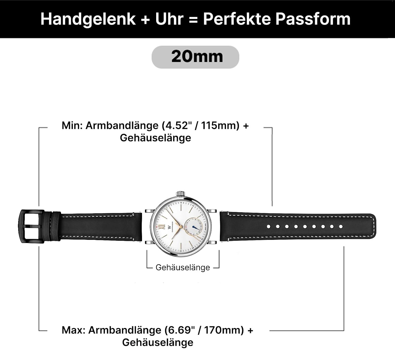 Detalle de Fullmosa 20mm Lederarmband mit Schnellverschluss – kompatibel mit Samsung Watch, Garmin und mehr (Schwarz, Hardware Schwarz)