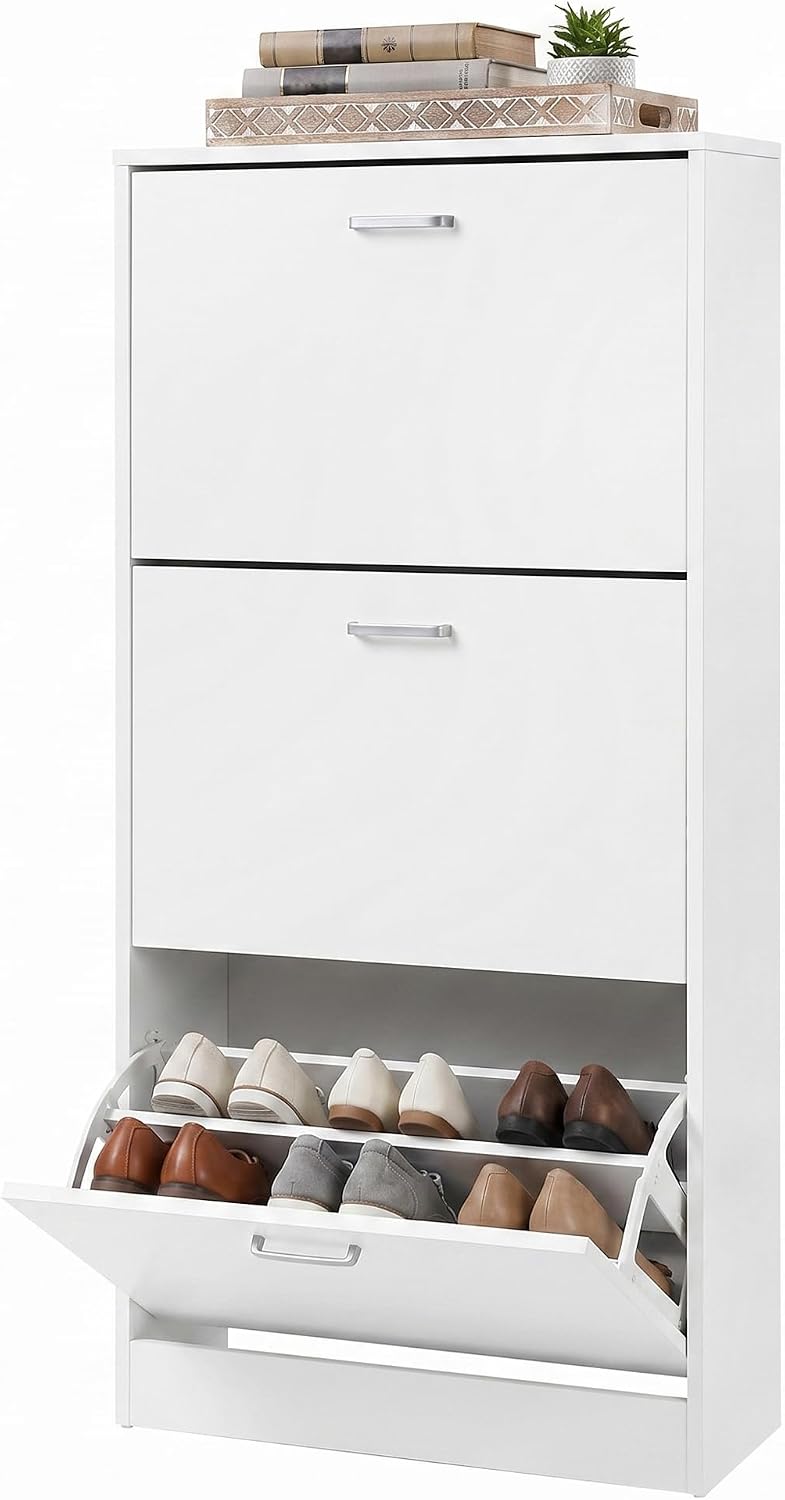 Detalle de VASAGLE LBC03WT 3-Door Shoe Cabinet, Slim White Cupboard with Adjustable Tiers