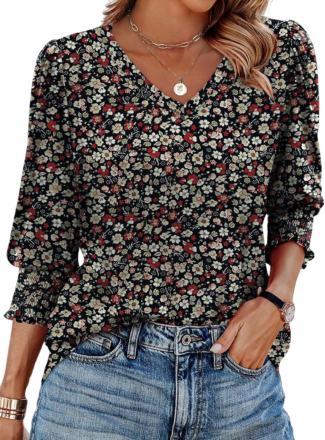 Detalle de Aokosor Women's 3/4 Sleeve V-Neck Puff Sleeve Blouse — Office-Ready Tunic