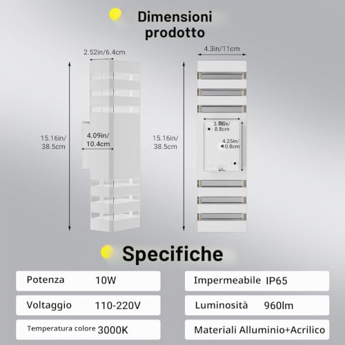 Detalle de Klighten LED Lampada da Esterno Applique GU10 Up/Down 3000K IP65, Bianco Caldo – 38,5 × 11 × 11 cm