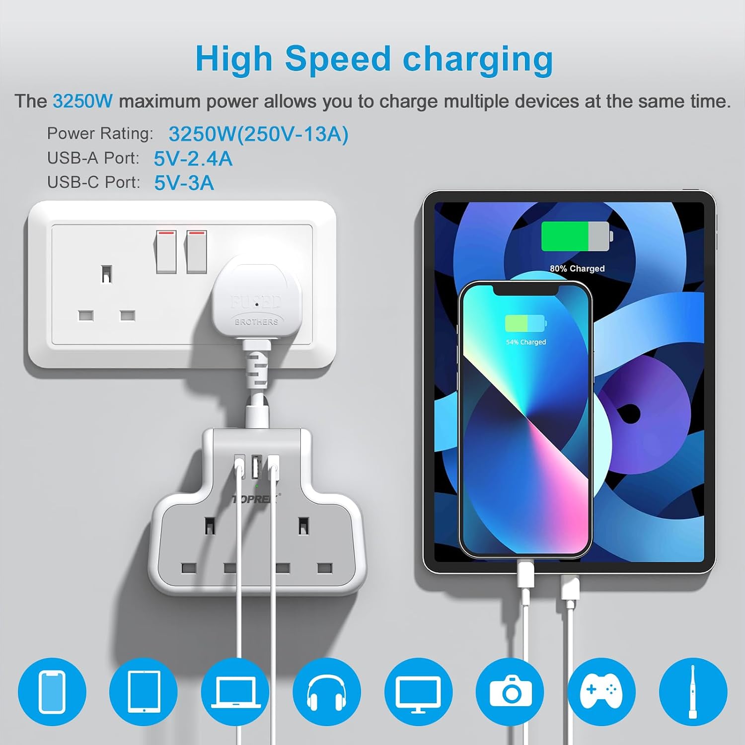 Thumbnail 2 de TOPREK 6.2cm Short Extension Lead with USB Ports: A Compact 5‑In‑1 Wall Socket for Home, Office and Travel