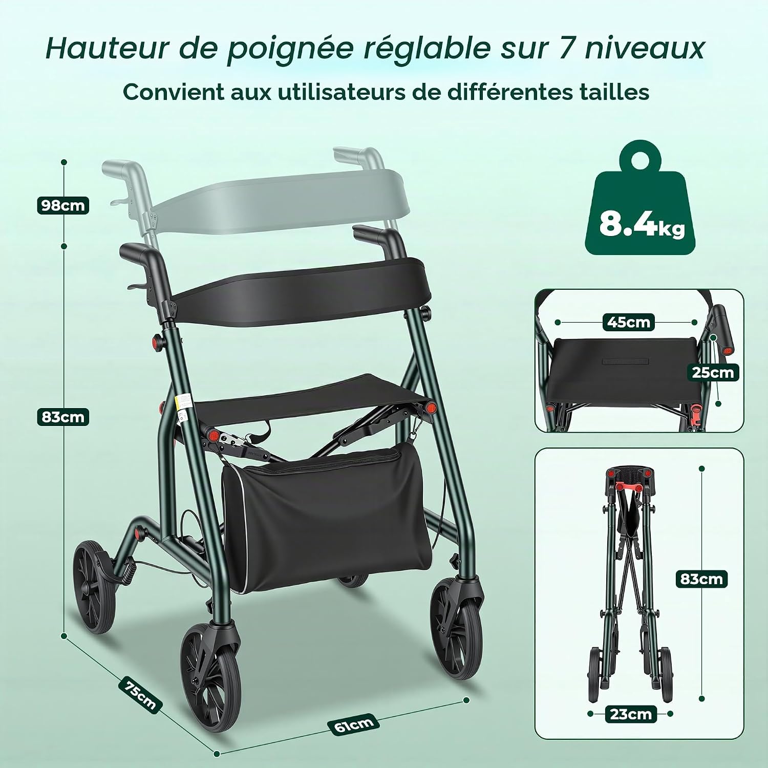 Detalle de Careboda Déambulateur 4 roues pliable avec siège – aide à la marche senior, réglable, freins et sac